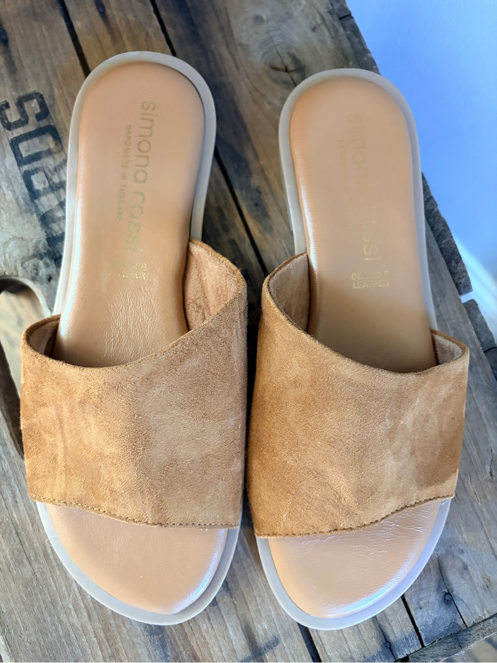 Simona Rossi Handmade in Tuscany Italy Suede Leather Slide Sandals Tan Size 39 U